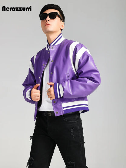 Nerazzurri Autumn Winter Cool Short Warm Color Block Pu Leather Bomber Baseball Jacket Men High Quality Luxury Clothing 2023
