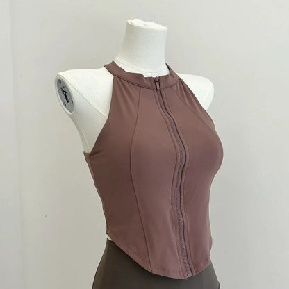 Women's Summer Sports Bra Top with Chest Pad Front Zipper Slim Fit Yoga Fitness Running Training Vest Comfortable Underwear