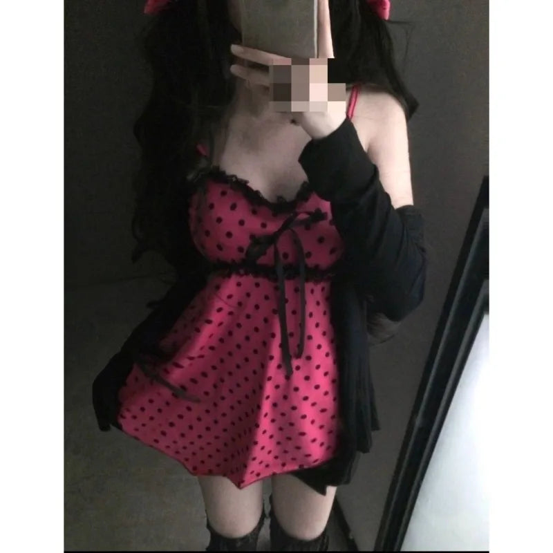 Kimotimo Vintage Cute Polka Dot Camisole Vest Women Japanese Y2k Aesthetic Spliced Lace Tanks Sweet Versatile Sleeveless Tops