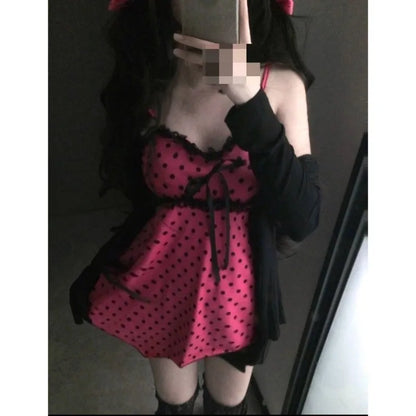 Kimotimo Vintage Cute Polka Dot Camisole Vest Women Japanese Y2k Aesthetic Spliced Lace Tanks Sweet Versatile Sleeveless Tops