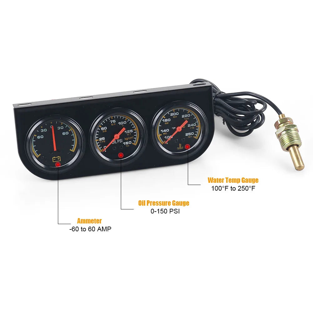 3 in1 Water Temp Gauge 52MM Oil Pressure Gauge AMP Volt Meter 12V Kit Car Mechanical Triple Gauge With Sensor