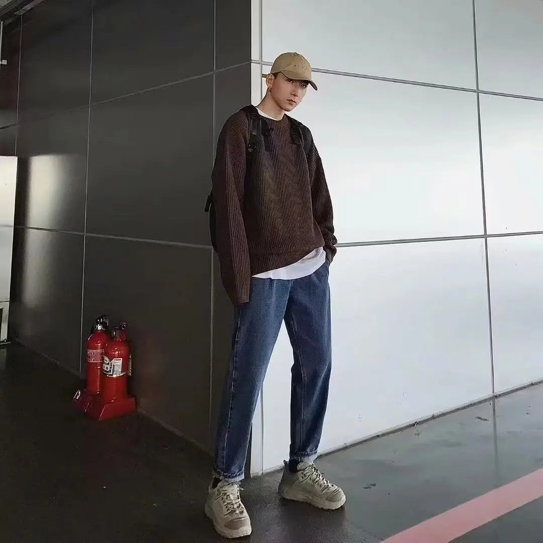 Autumn and winter loose shoulder sweater for young men Japanese retro pineapple needle jacquard lazy round neck knit sweater