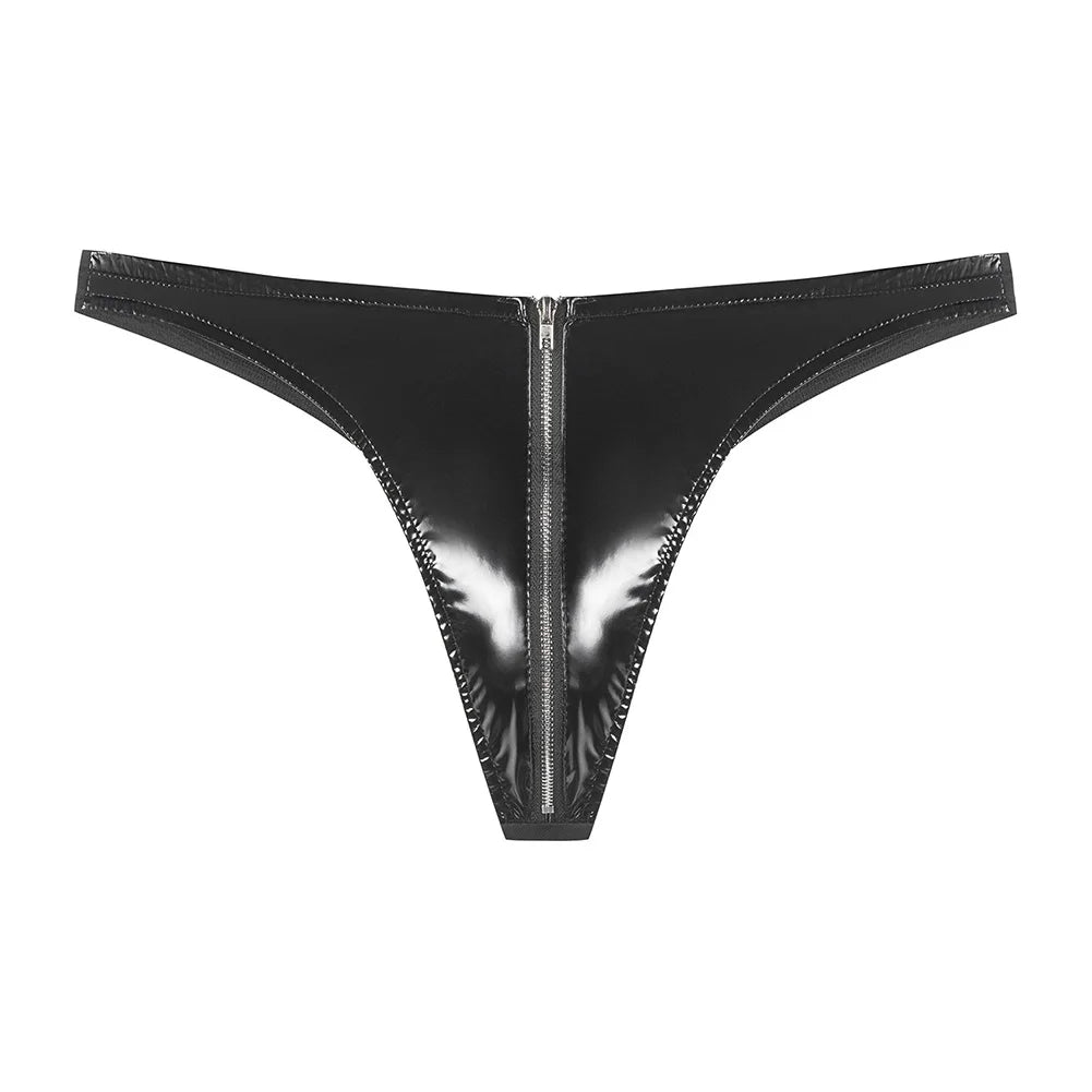 Mens Briefs Solid Underwear Low Waist Underpants Faux Leather Lingerie Ultra Hot Calcinha Thongs Erotic Clubwear Unisex Panties