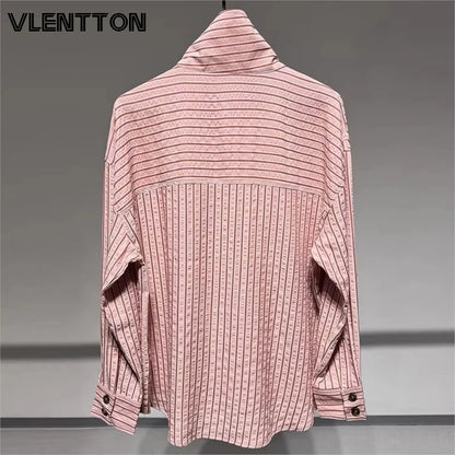 2026 Spring New Women Fashion High-Neck Pink Striped Shirt Casual Button Long Sleeves Loose Versatile Blouse Tops Female