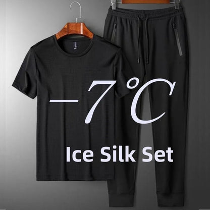 Ice Silk Men's Casual Pants Sports Set Air Conditioning Pants Quick Dry Trendy Large Size Short Sleeve T-Shirt Mesh Summer Wear