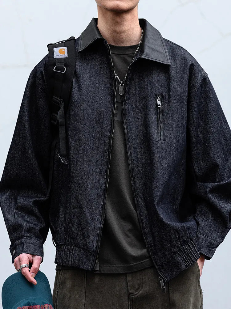 Mens Denim Jacket American Vintage Washed Raw Blue Loose Fit Streetwear Casual Workwear Relaxed Fit Urban Fashion High Quality
