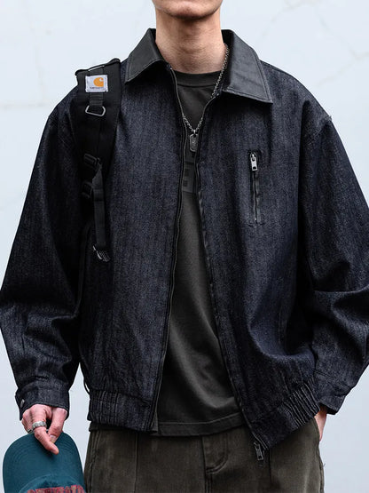 Mens Denim Jacket American Vintage Washed Raw Blue Loose Fit Streetwear Casual Workwear Relaxed Fit Urban Fashion High Quality