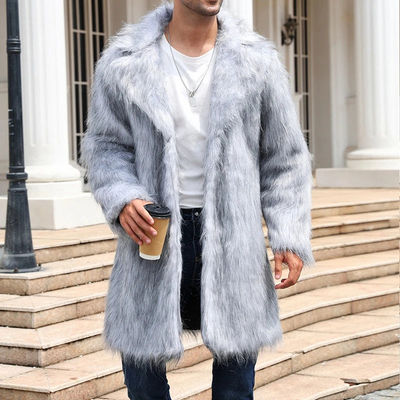 Men s Faux Fur Hooded Parka Winter Warm Long Sleeve Solid Color Print Long Jacket Open Front Overcoat with Pockets
