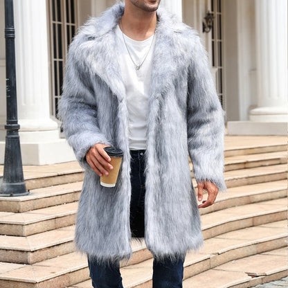 Men s Faux Fur Hooded Parka Winter Warm Long Sleeve Solid Color Print Long Jacket Open Front Overcoat with Pockets