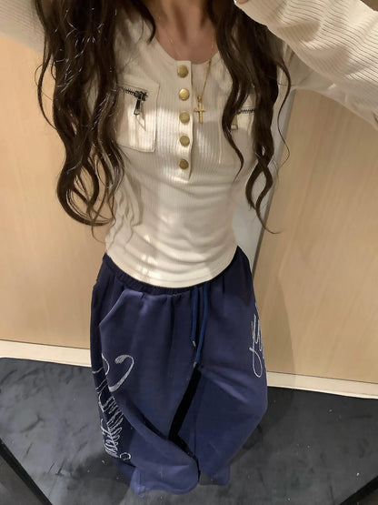 American Style Letter Embroidered Wide Leg Pants Women's Spring Summer Korean Version Trendy Hiphop Jazz Dance Sport Sweatpants