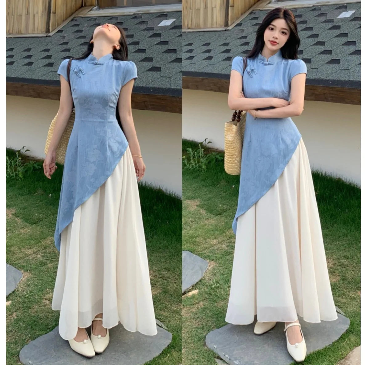 plus Size New Chinese Embroidered Short Sleeve Dress Women's Summer Soft Waist Cinching  Long Dress Commute Style