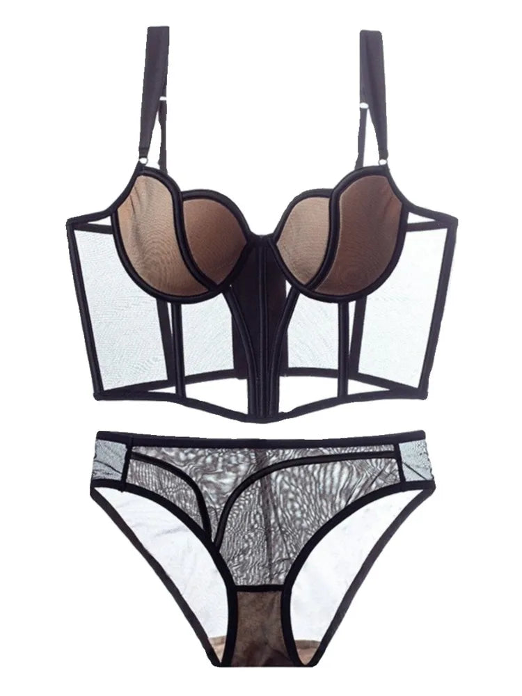 French Style Fishbone Corset Bra Set Push Up Thin Lingerie For Small Breasts Full Support Anti Sag Plus Size S-XL Sexy Underwear