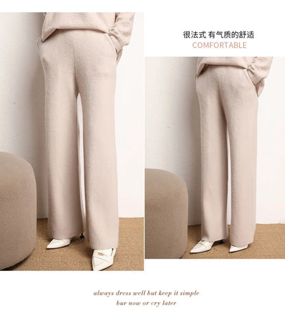 Women's 100% Cashmere Wide Leg Pants Knitted Thick Autumn/Winter Casual Solid Color Elastic Waistband Pockets