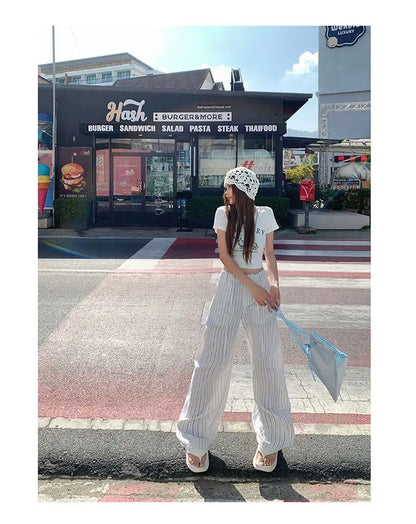 High-waist loose wide-leg pants, spring and summer new drawstring vertical striped versatile straight-leg casual pants for women