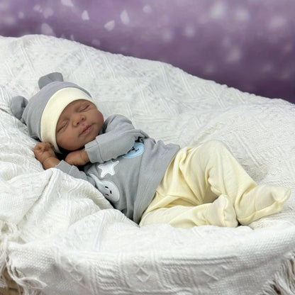 AONPENG 45cm 18inch Smiling Asleep Reborn Doll, Black Skin, Vinyl Limbs & Cloth Body, Handmade Collectible Birthday Gift