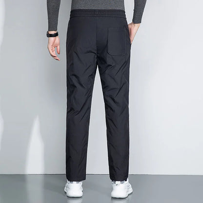 Winter Men Warm Puff Pant Black Thermal Goose Down Straight Trouser Adjustable Lacing Up Elastic Waist Design Cosy Menswear