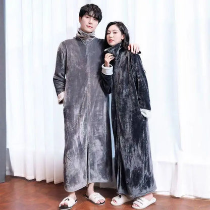 2025 New Flannel Zipper Nightgown Men Women Double-sided Thicken Flannel Pajamas Solid Color Couples One-piece Home Sleeprobe