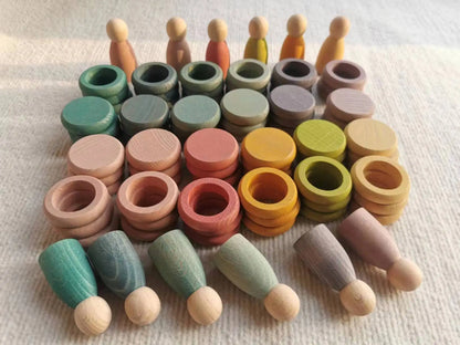 Kids Wooden Toys Beech Rainbow Coins and Rings Stacking Blocks with Peg Dolls Loose Parts