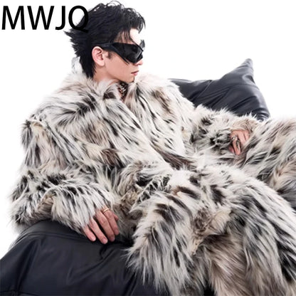 MWJQ Leopard Print Design Imitation Fur Clothing Male High Street Lapel Autumn Winter New Short Loose Men's Fashion Coat 010073