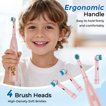  5 Modes Timer Electric Toothbrush Children Cartoon Smart Round Head Rotating Oral Teeth Cleaning Tool with Replacement Heads