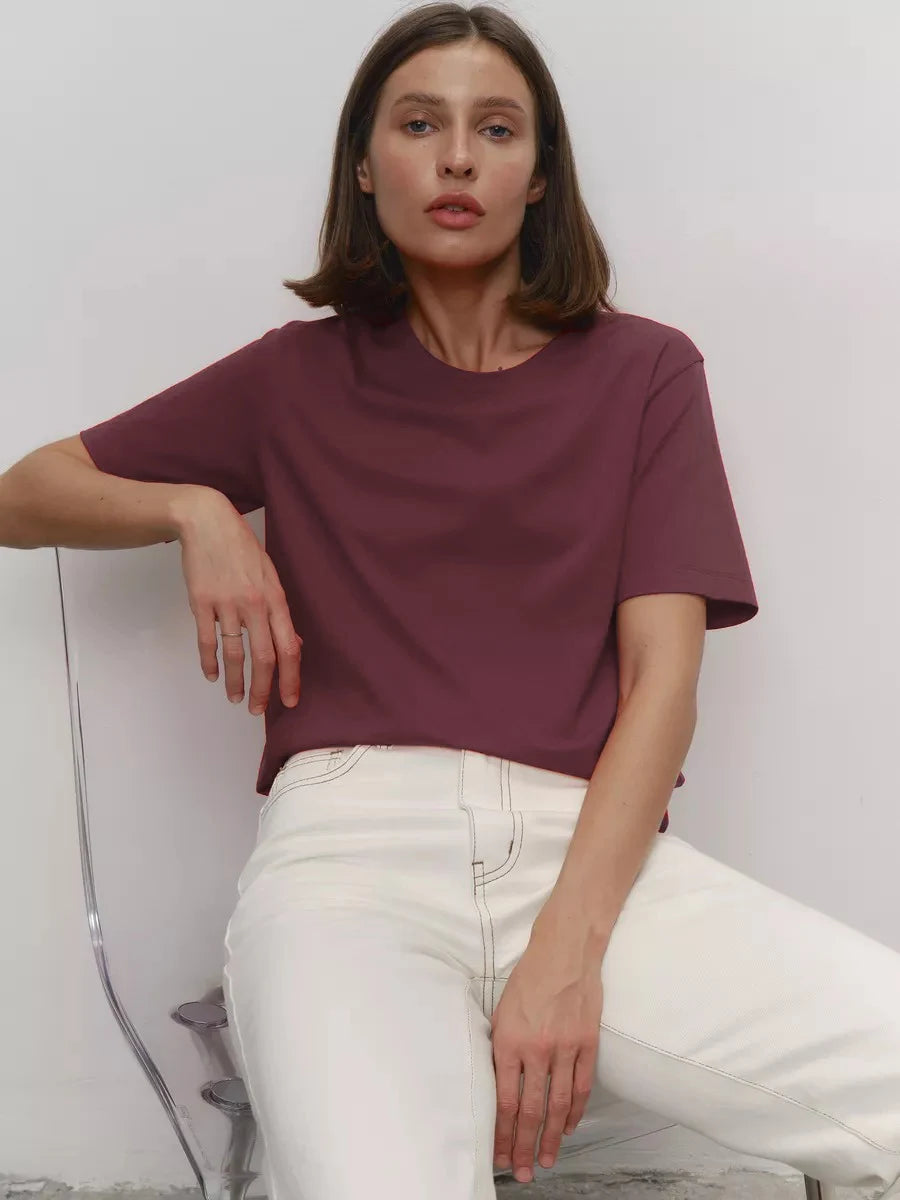 Bornladies Summer 100% Cotton Women's T-shirt Bottoming Basic Fashionable Lady Short Sleeve Loose Tops Shirts Solid 230g/㎡ Tops
