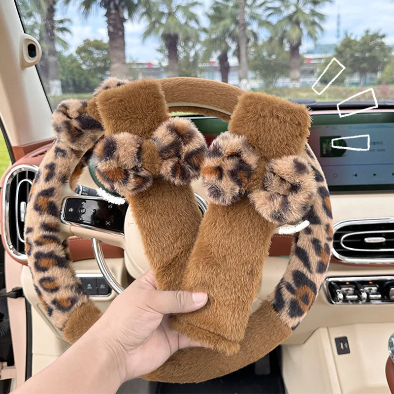Women's New Leopard-print Car Seat Cushion Winter Plush Warm Non-slip Seat Cover Fashion Full Set Automobile Interior Decoration