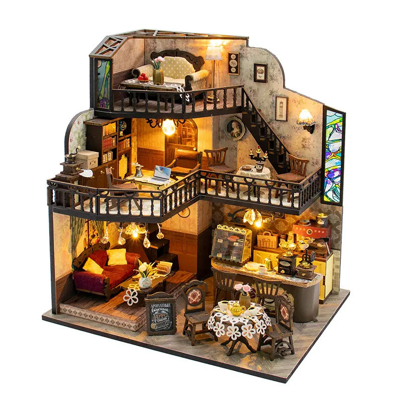 Vintage Coffee Shop DIY Miniature Dollhouse Kit with LED Light 3D Wooden Puzzle Building Kit Full Furniture Creative Craft Gifts