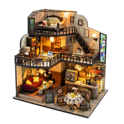 Vintage Coffee Shop DIY Miniature Dollhouse Kit with LED Light 3D Wooden Puzzle Building Kit Full Furniture Creative Craft Gifts