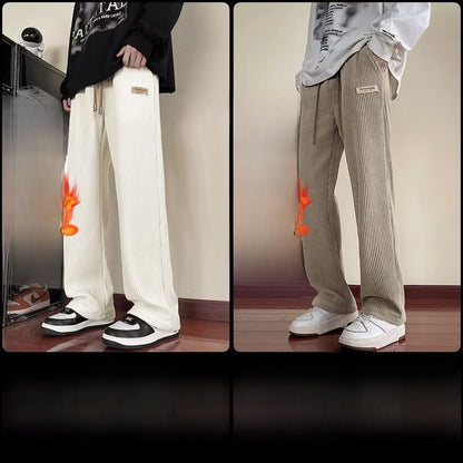 Men's Winter Thickened Fleece Lined Corduroy Wide Leg Sporty Casual Pants Loose Fit Straight Leg Long Trousers Fashionable Yo...