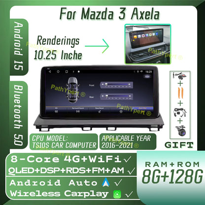 8 Core 8G+256GB Android 15 For Mazda 3 Axela 2016-2021 10.25"Touch Screen 2DIN Smart Car System Stereo BT WIFI Carplay AutoRadio