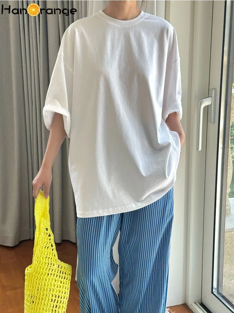 HanOrange 2026 Summer Minimalist Silhouette Short Sleeve Cotton T-shirt Women Loose Relaxed Casual Top Tees White/Yellow/Blue
