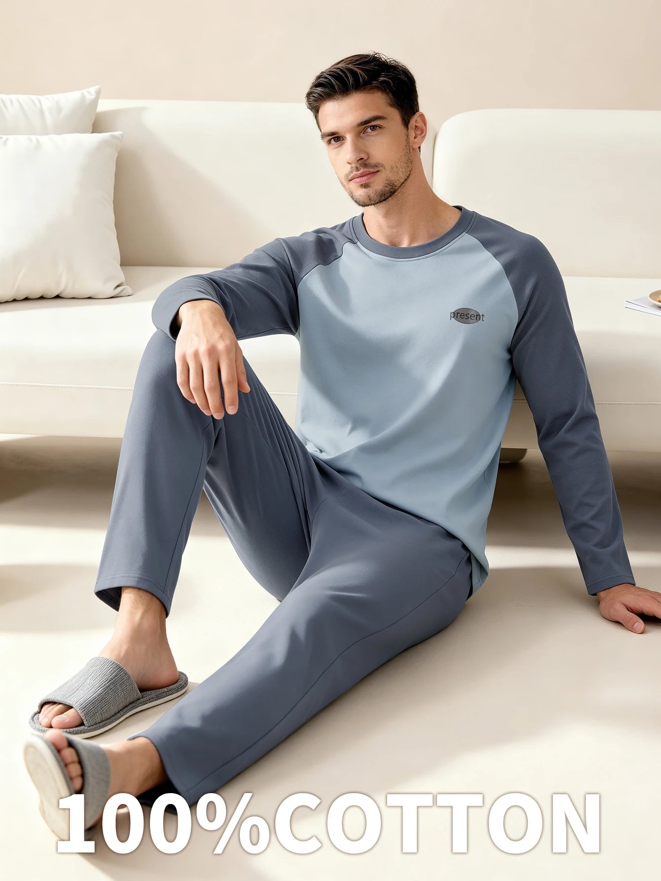Men's 100% cotton long sleeved four season plus size men's sleepwear, teenage pure cotton home suit set for warmth