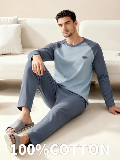 Men's 100% cotton long sleeved four season plus size men's sleepwear, teenage pure cotton home suit set for warmth