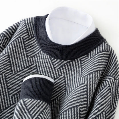 Autumn and winter new thick 100% pure cashmere men's round neck jacquard loose color matching leisure sweater cashmere sweater