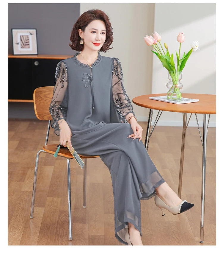 New 2026 Summer Fashionable Thin Two-Piece Set for Older Women Age-Defying Trendy Top And Bottom Ensemble Polyester Fiber