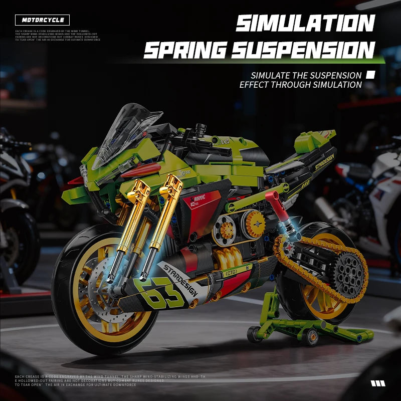 2026 Technical 1:8 City Green Motorcycle Building Blocks Set Super Motorbike Model Kit STEM Assembled Toys Gifts 14+ Adult