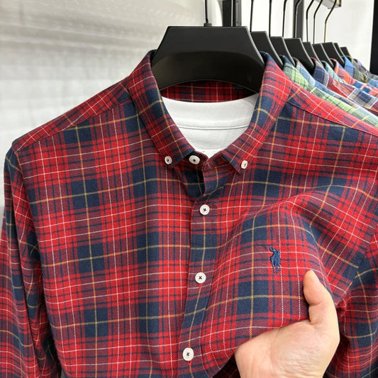 American-style Plaid Long-sleeve Shirt for Men, Pure Cotton Casual Trendy Brand Embroidered Red Shirt Top for Spring and Autumn