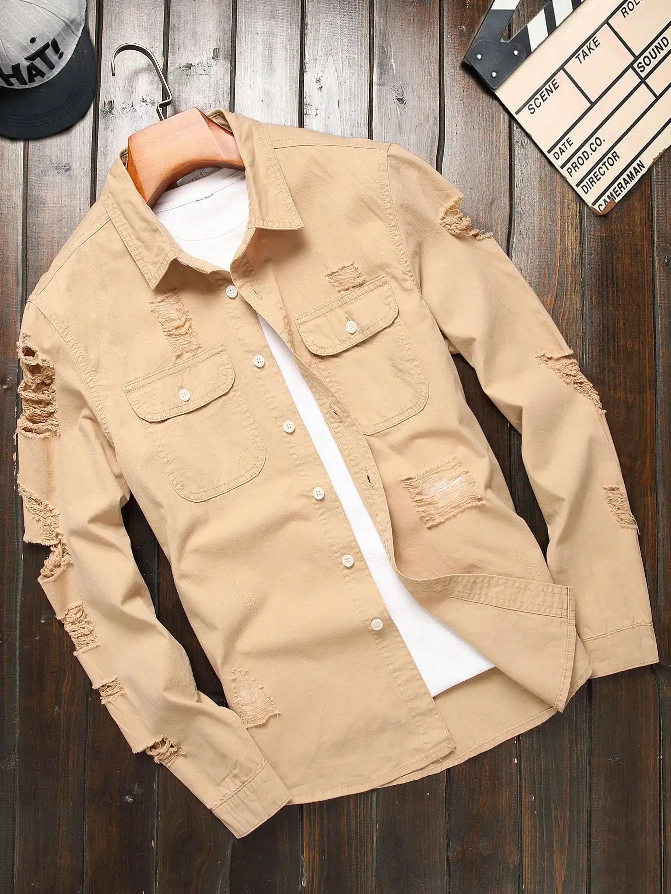 Men's Khaki Ripped Long - Sleeve Shirt for Summer, Trendy Street Style