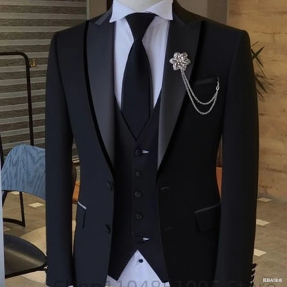 Men's Solid Slim Fit 3-Piece Business Suit Set with Blazer Vest And Pants for Wedding Party Luxury Fashion Tuxedo