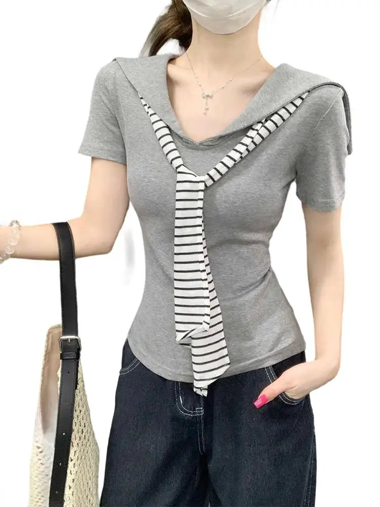 WASSUP Simple V-Neck Short Sleeve T-Shirt Women Summer Casual Slimming Navy Collar Top Korean Style Commute Fashion plus Size
