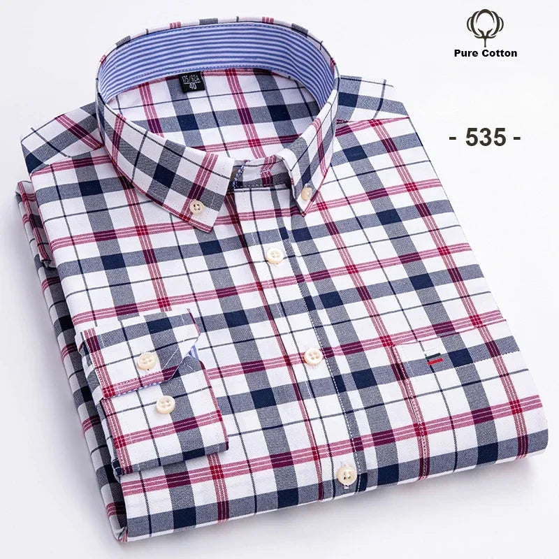 New In Shirt Plus Size 7XL 100% Cotton Oxford Long-Sleeve Shirts for Man Slim Fit Formal Plain Shirt Plaid Office Elegant Clothe