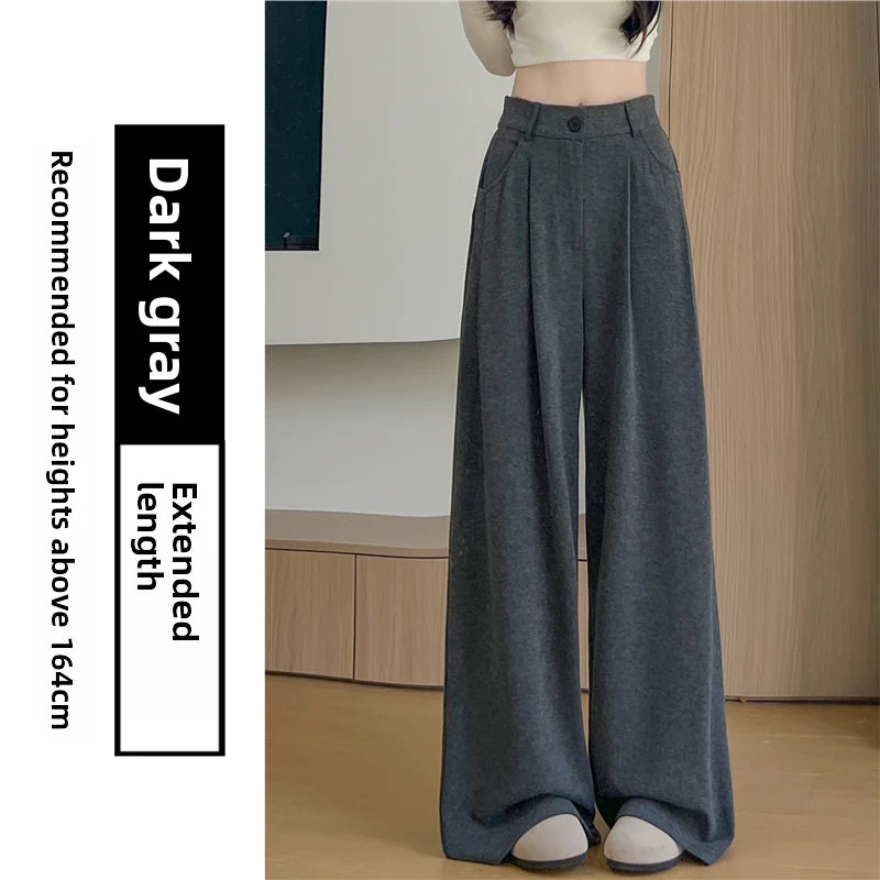 Korean Style High Waist Loose Fit Fleece Lined Wide Leg Pants Women's Autumn Winter New Arrival Straight Cut Trousers