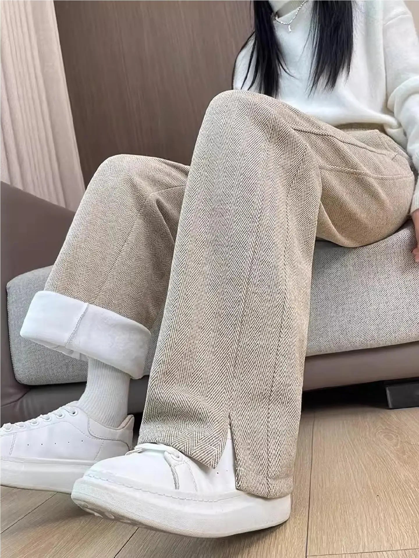 Thickened Woolen Straight Leg Pants Women's High Waist Wide Leg Trousers Autumn Winter Casual Pants Pocket Design Cotton Blend