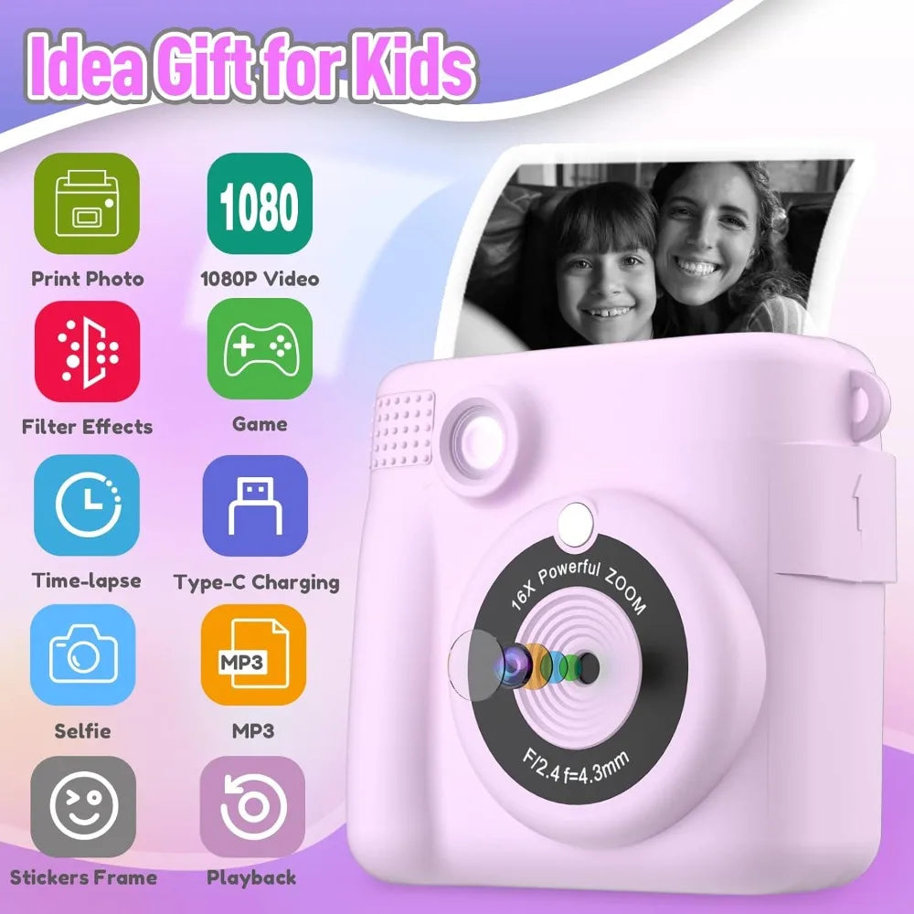 Instant Print Camera for Kids, HD Digital Video Cameras, Portable Toy for 4-10 Year Old Girls Boys with 32GB SD Card-Purple