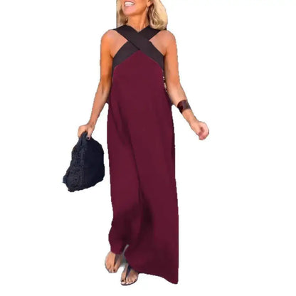 Women's Long Cross Dress Skirt European Style Mid-Waist A-Line Dress Polyester Fabric No-Sleeve Business Wear Single Piece