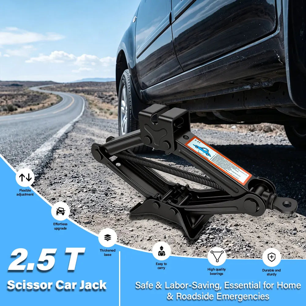 1.5T/2T Car Scissor Jack Auto Emergency Crank Lift Stand Labor-Saving Repair & Tire Replacement Tool with Wrench for SUV Vehicle