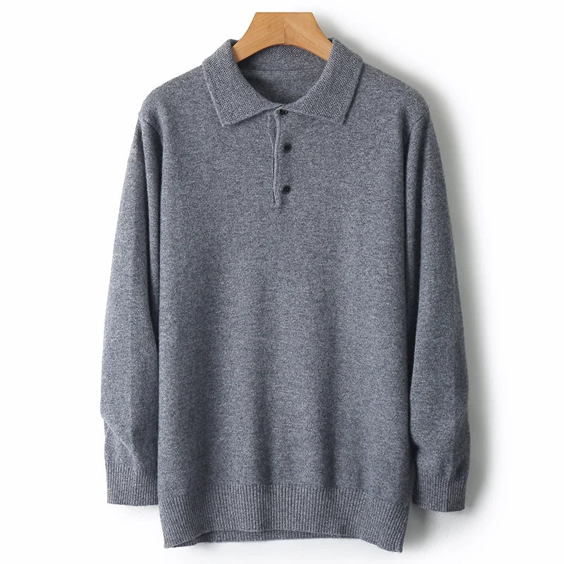 Autumn And Winter 100% Pure Wool Men's Polo Lapel Sweater Loose Large Size Casual Knit Bottoming Shirt