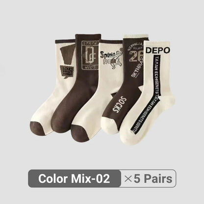 2/3/5/7/9 Pairs Men Women Mid-Calf Socks Moisture-Wicking Anti Odor Casual Sports Retro Basketball Graffiti Alphanumeric Socks