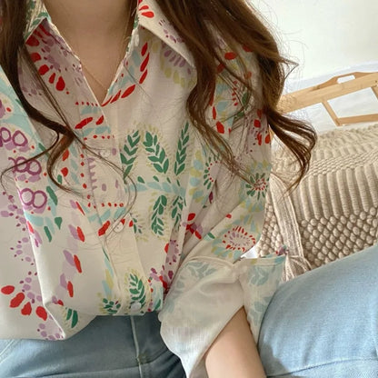 Chic Women's Shirt Vintage Gentle Loose Design Sensation Elegance Korean Style Long Sleeve  Collar Print Casual Fashion