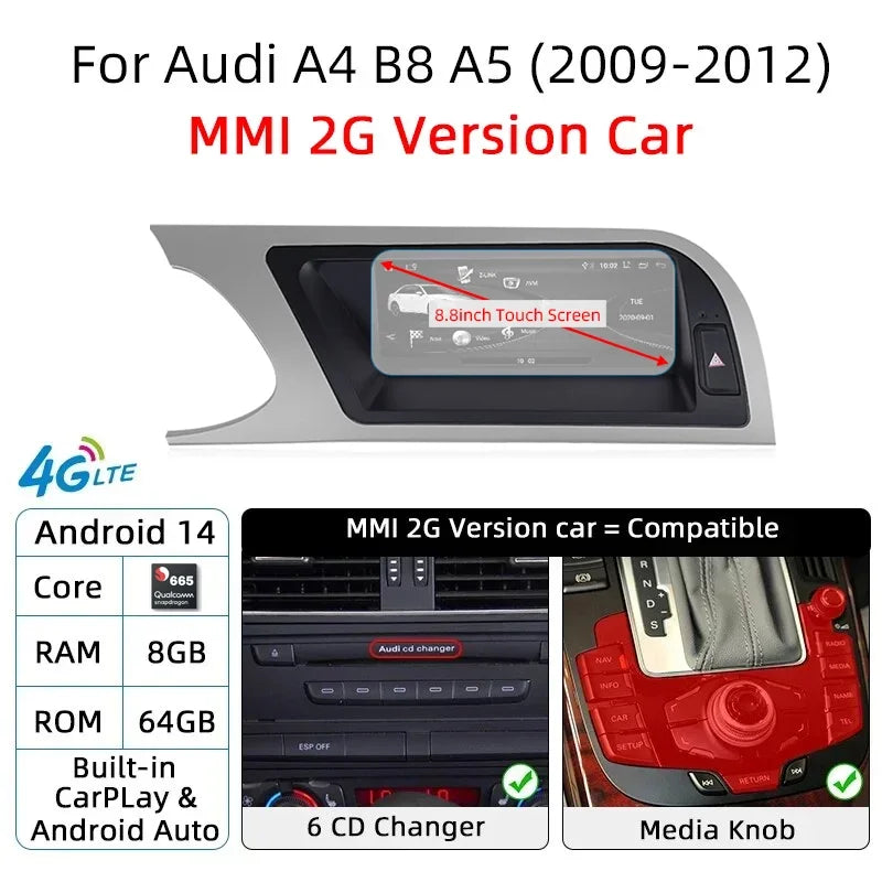 CarPlay For Audi A4 B8 A5 2008 2009 2010 MMI 2G High CD Changer Android 14 8+128GB Car Multimedia Player Stereo GPS Navi Screen